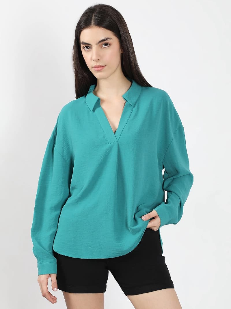 Women's Blue Casual Solid Regular Fit Top