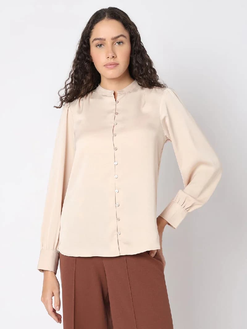 Women's Beige Casual Solid Regular Fit Top