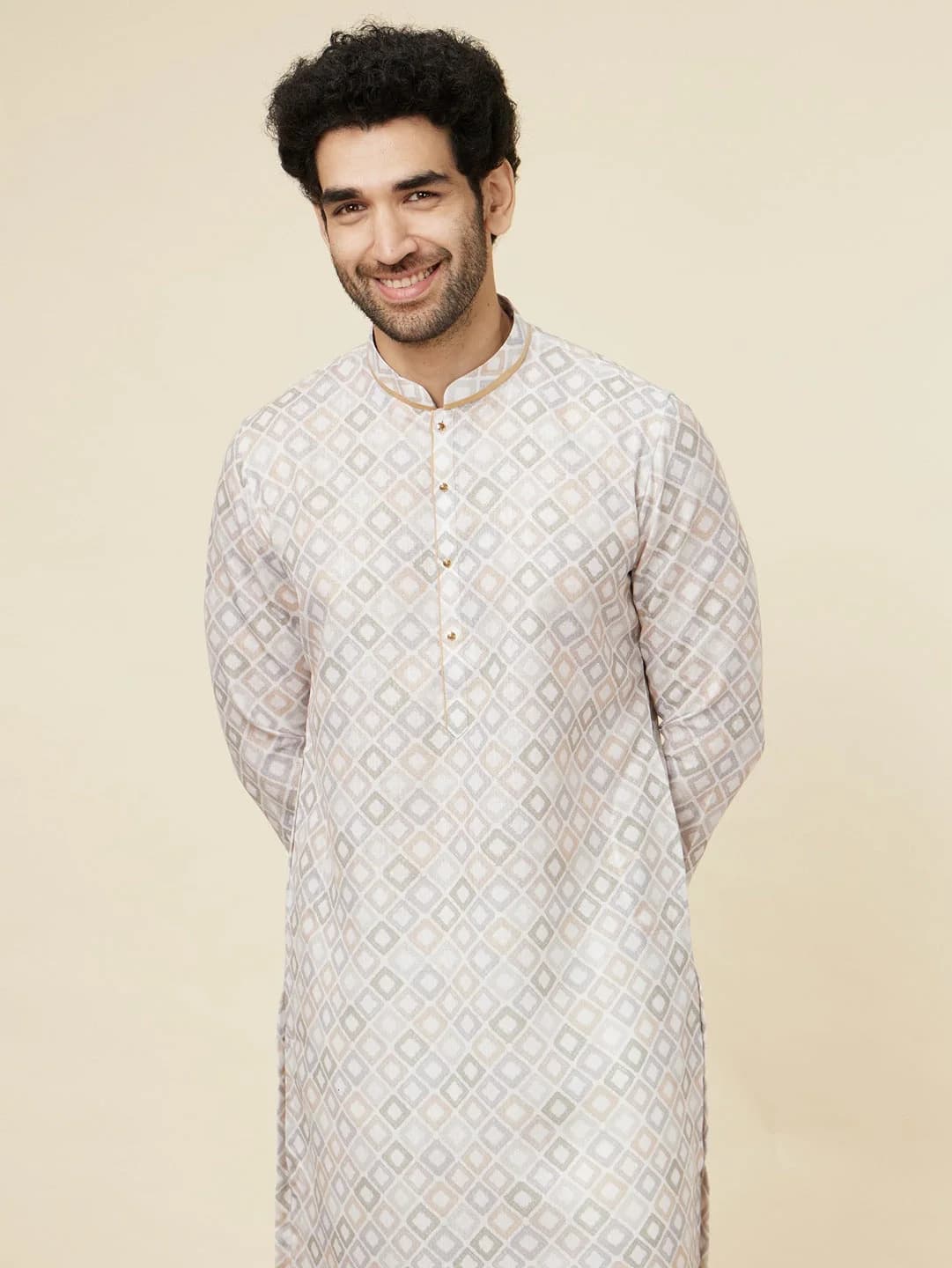 Men's Silver Festive Printed Regular Fit Cotton Kurta