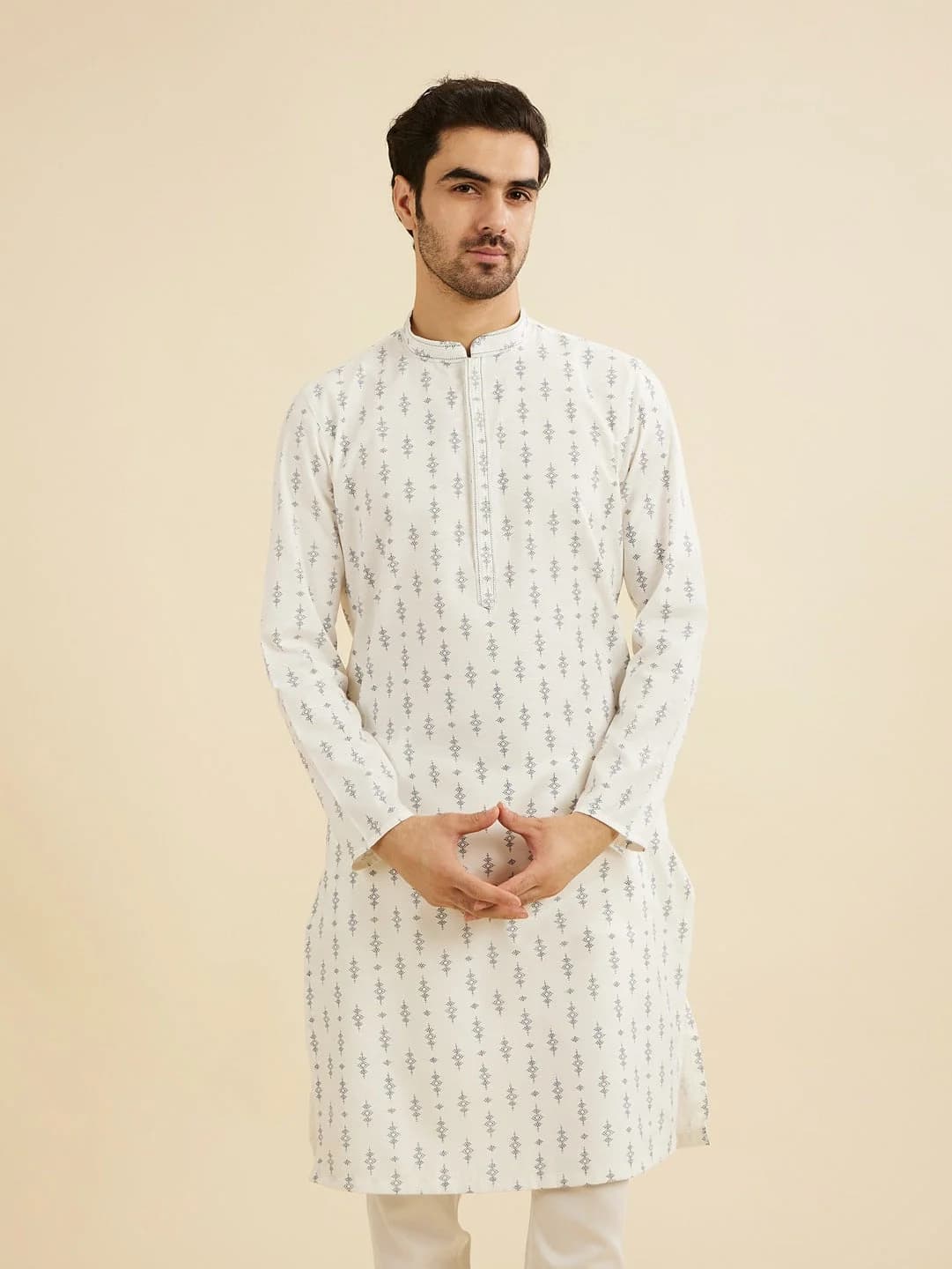 Men's White Festive Printed Regular Fit Silk Kurta