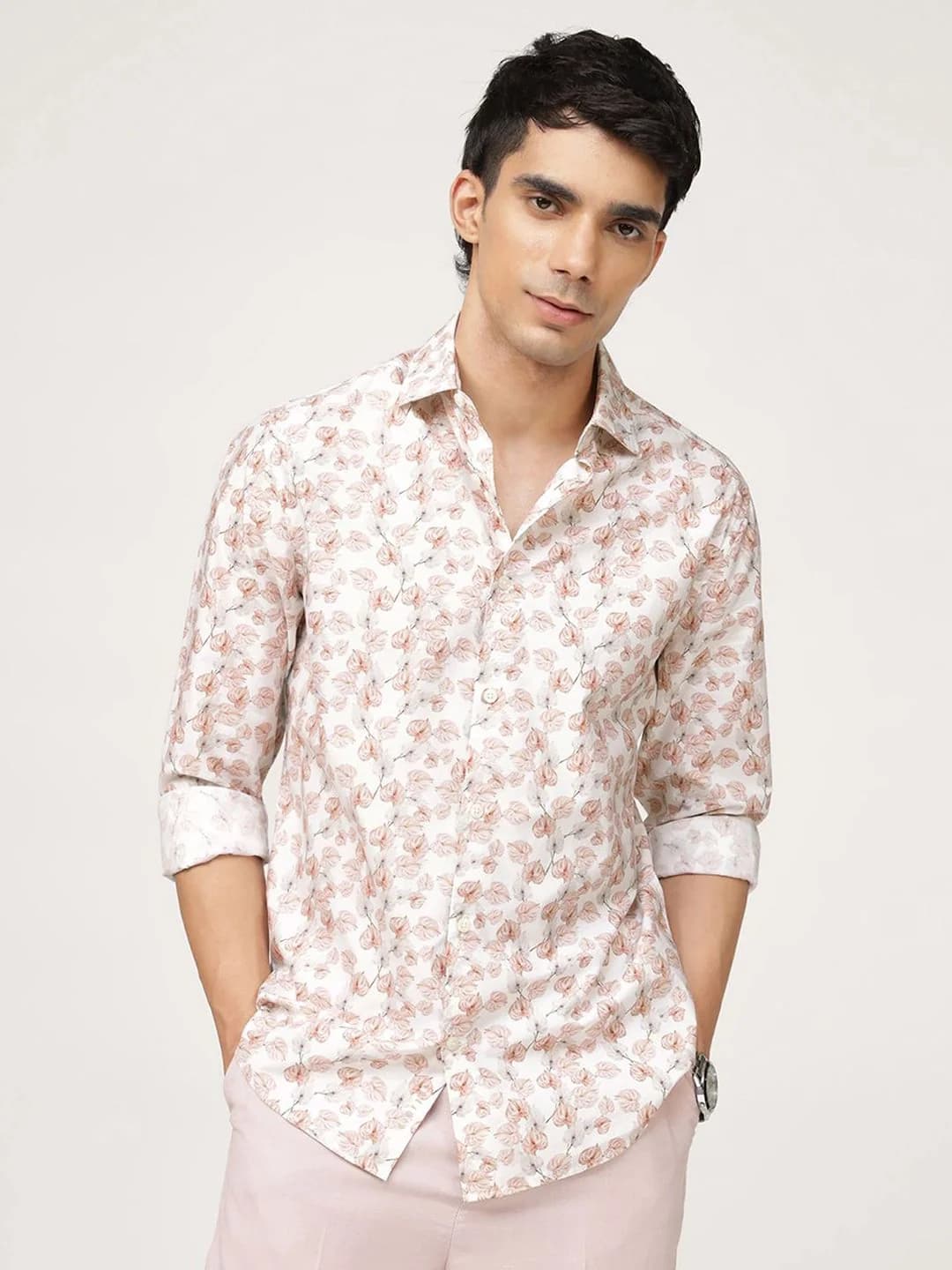 Men's Red Casual Printed Regular Fit Cotton Shirt