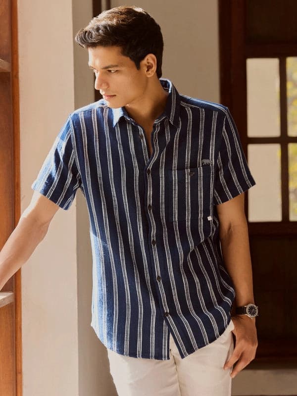 Men's Blue Casual Striped Regular Fit Shirt