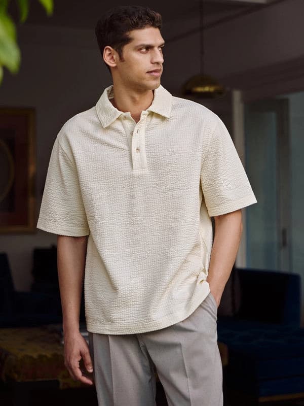 Men's White Casual Solid Regular Fit Polo Tshirt