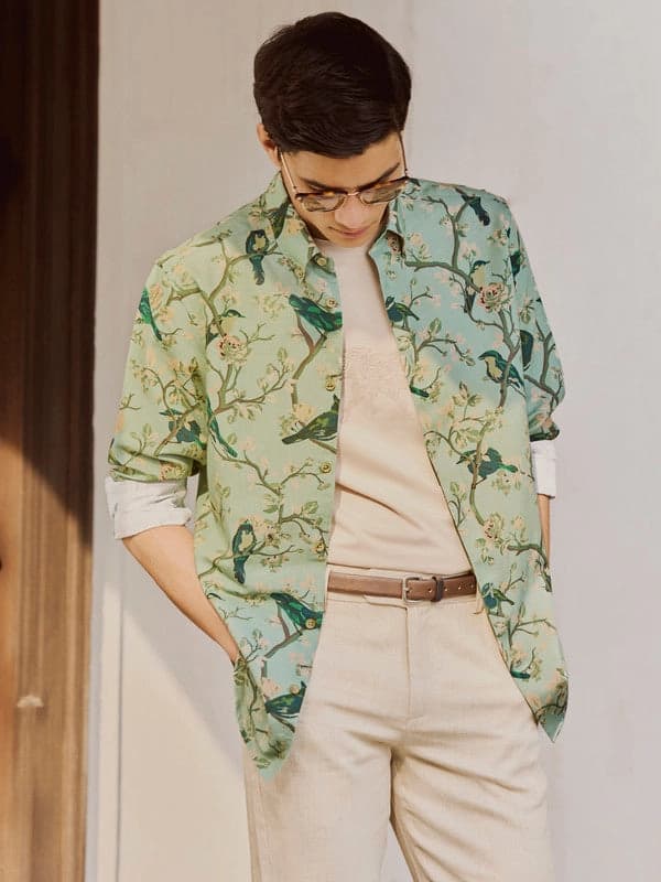 Men's Green Casual Printed Regular Fit Shirt