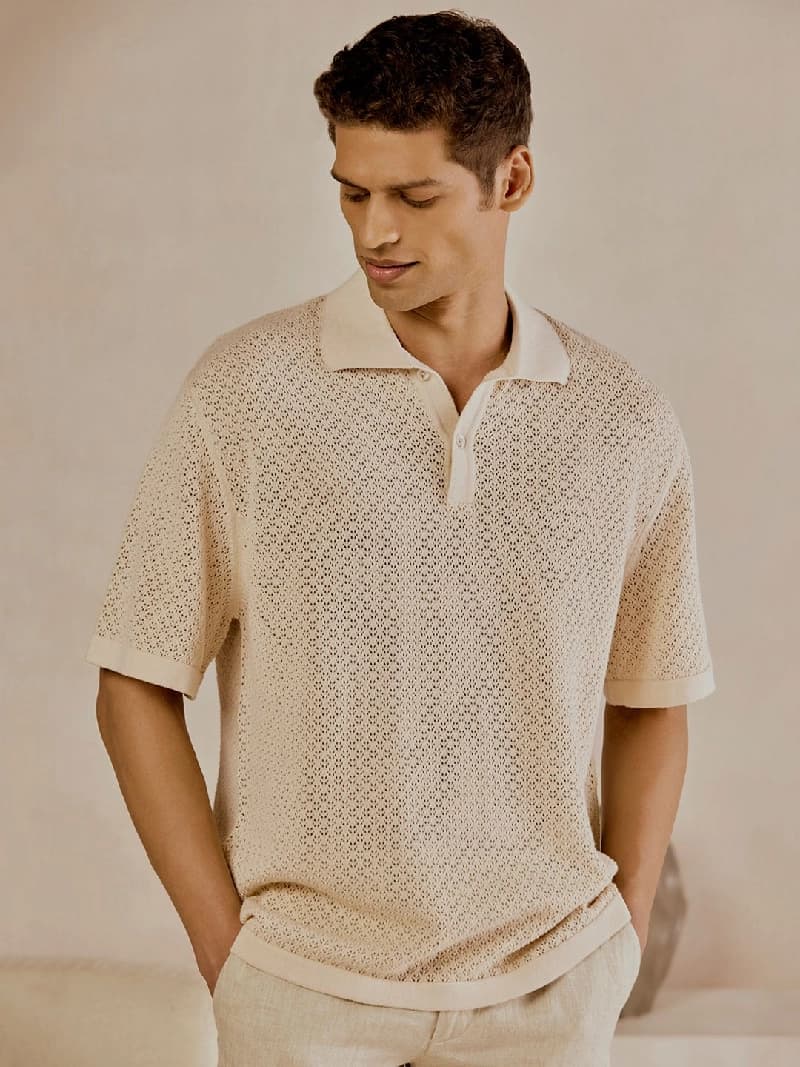 Men's Beige Casual Printed Regular Fit Polo Tshirt