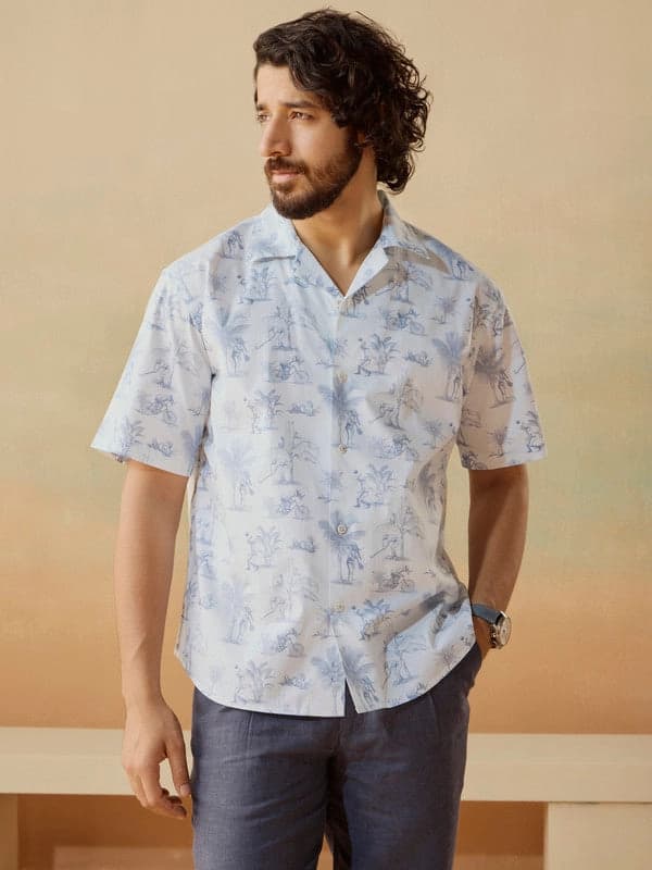 Men's White Casual Printed Regular Fit Shirt