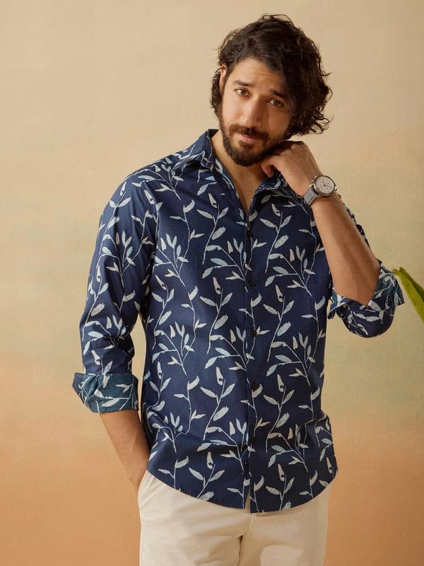 Men's Blue Casual Printed Slim Fit Shirt