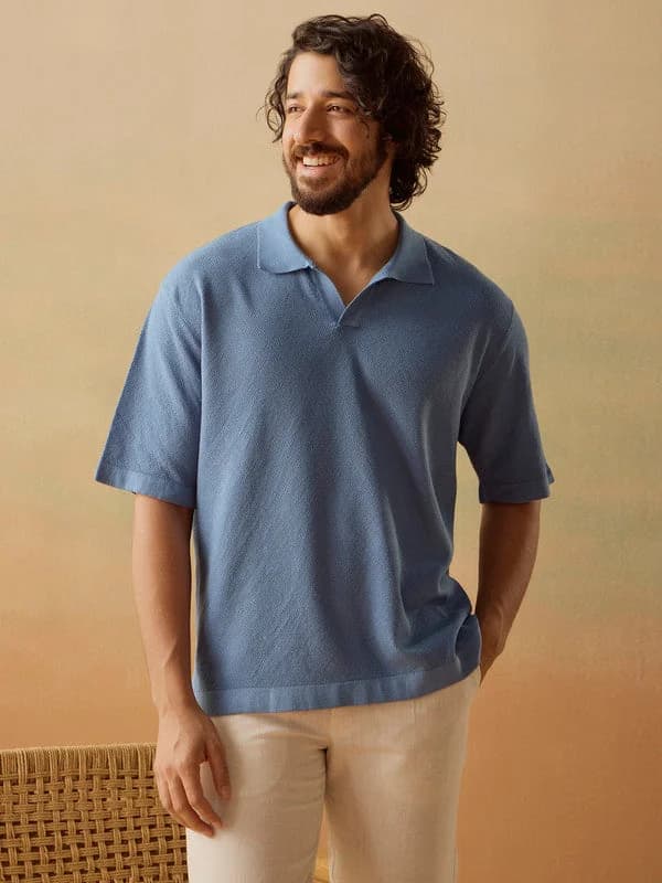 Men's Blue Casual Solid Regular Fit Polo Tshirt