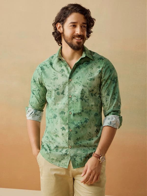 Men's Green Casual Printed Regular Fit Shirt