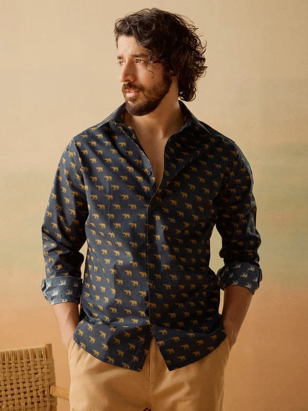 Men's Black Casual Printed Regular Fit Shirt