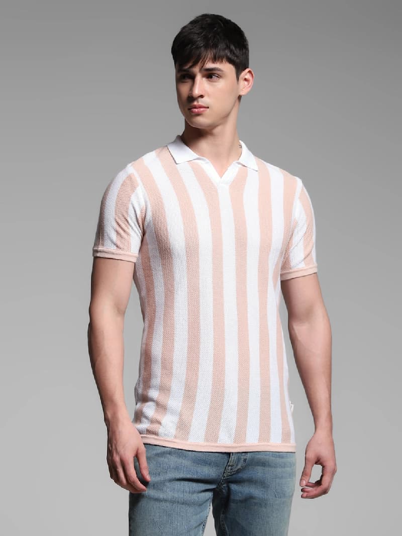 Men's Pink Casual Regular Fit Striped Half Sleeves Polo Tshirt