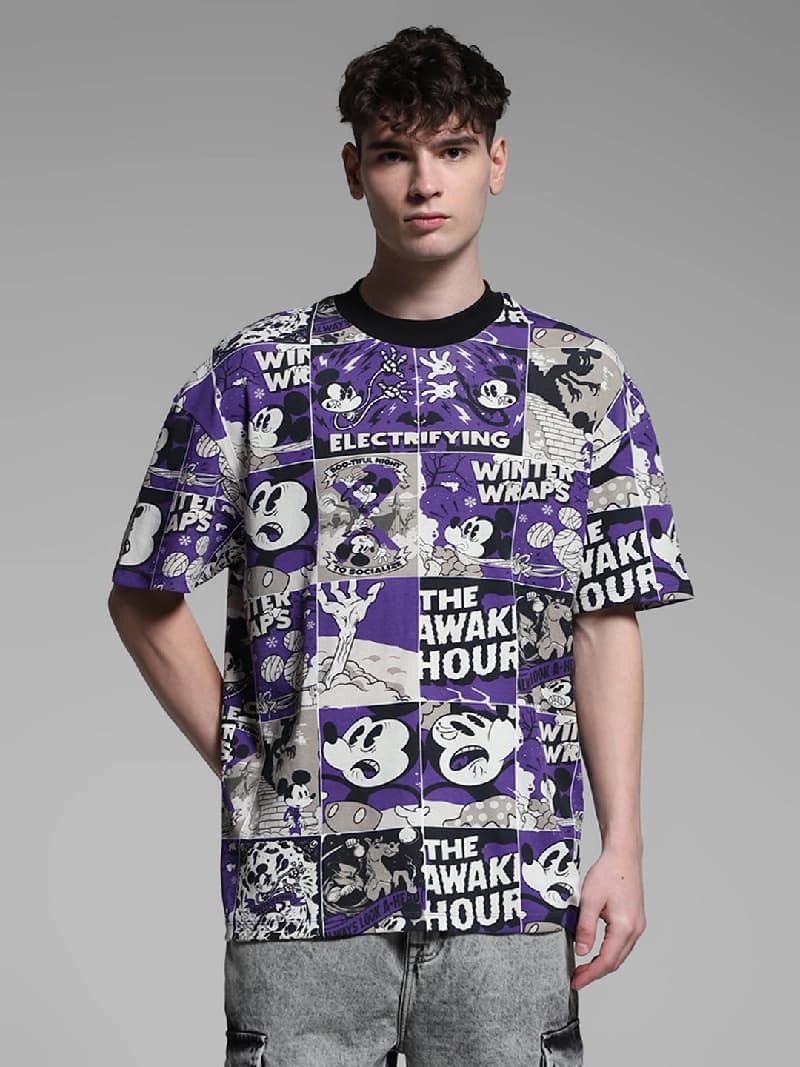 Men's Purple Casual Oversized Fit Printed Half Sleeves Tshirt