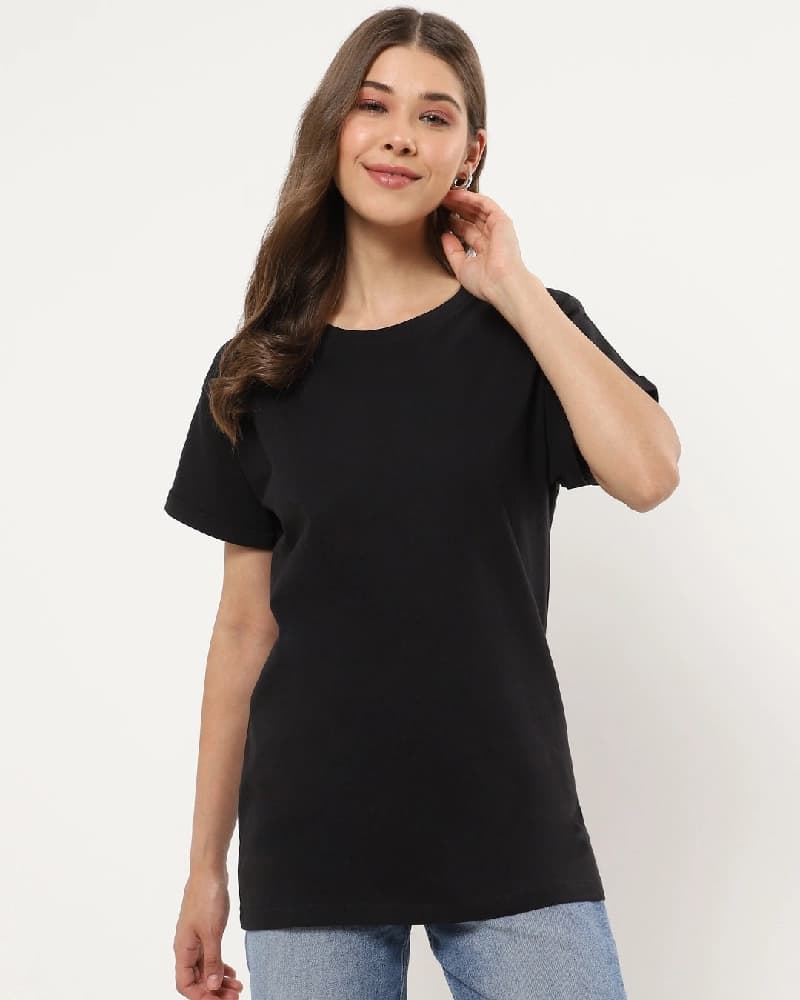 Women's Black Casual Solid Oversized Fit Tshirt