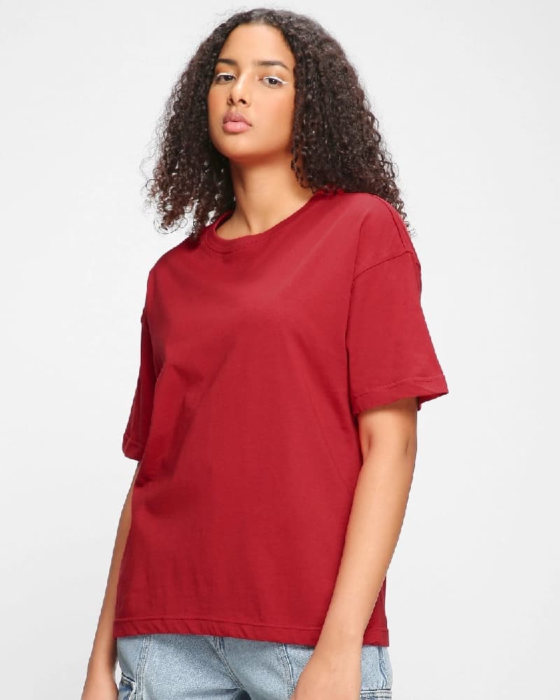 Women's Red Casual Solid Oversized Fit Tshirt