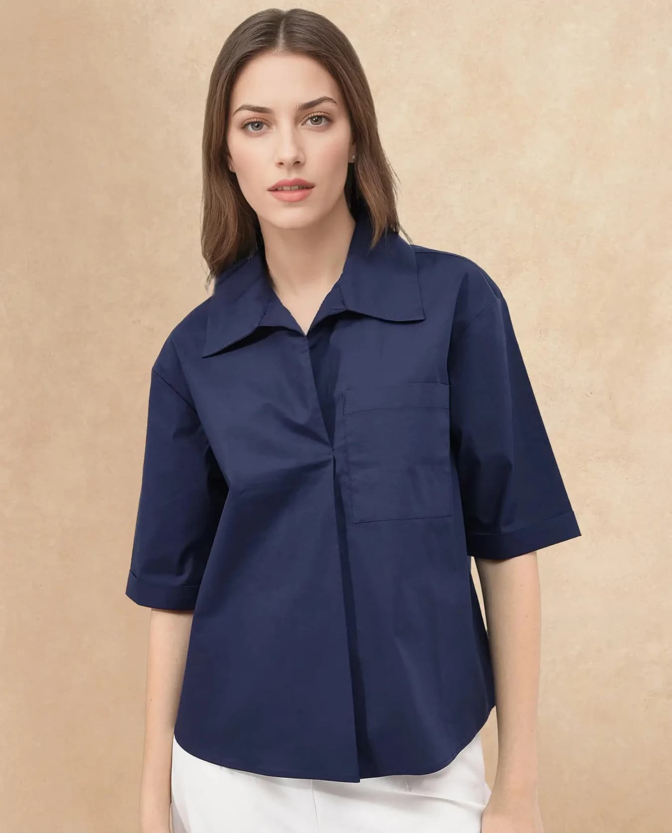Women's Navy Casual Solid Regular Fit Shirt