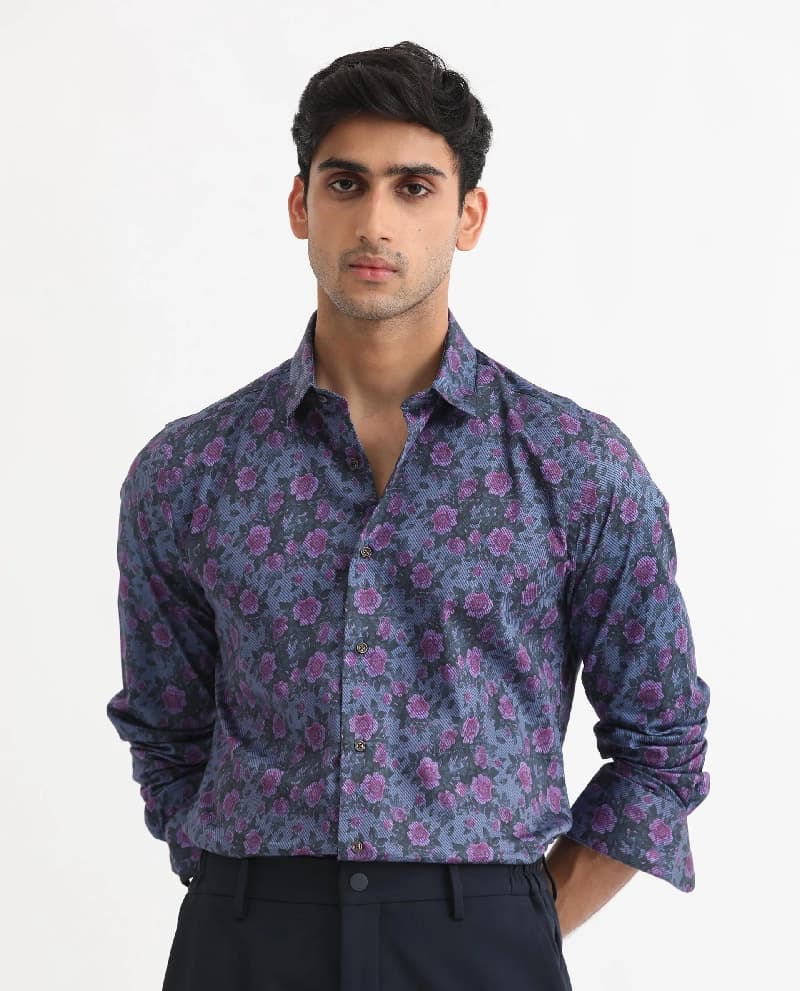 Men's Blue Casual Printed Regular Fit Cotton Shirt