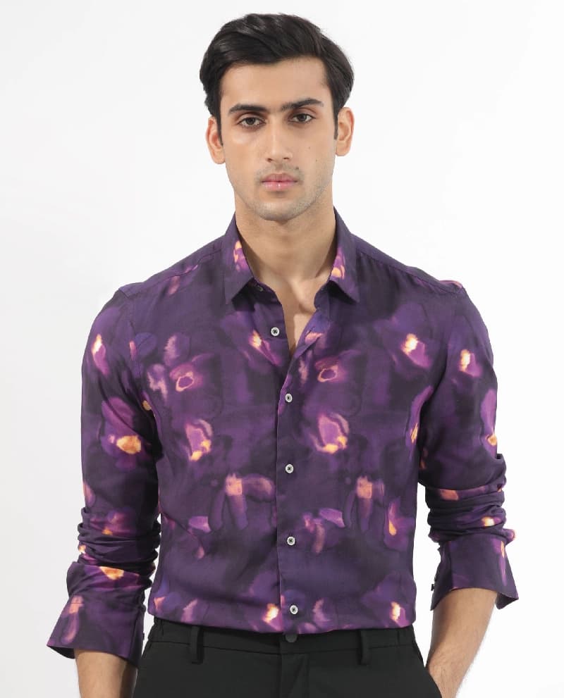 Men's Purple Casual Printed Regular Fit Shirt