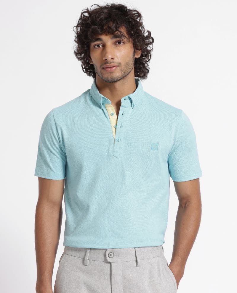 Men's Blue Casual Solid Regular Fit Polo Tshirt