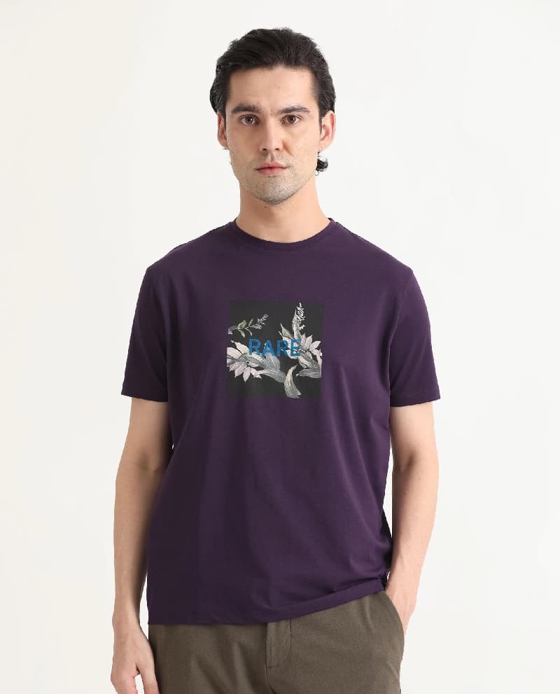Men's Purple Casual Printed Slim Fit Tshirt