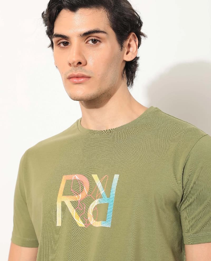 Men's Green Casual Printed Regular Fit Tshirt