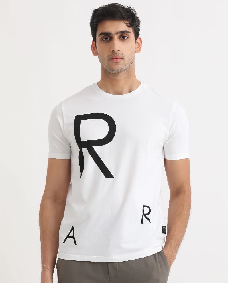 Men's White Casual Printed Slim Fit Tshirt