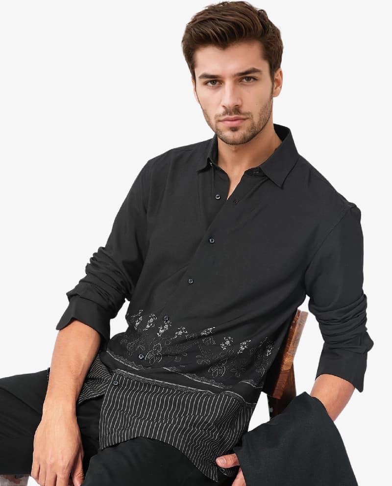 Men's Black Casual Printed Regular Fit Shirt