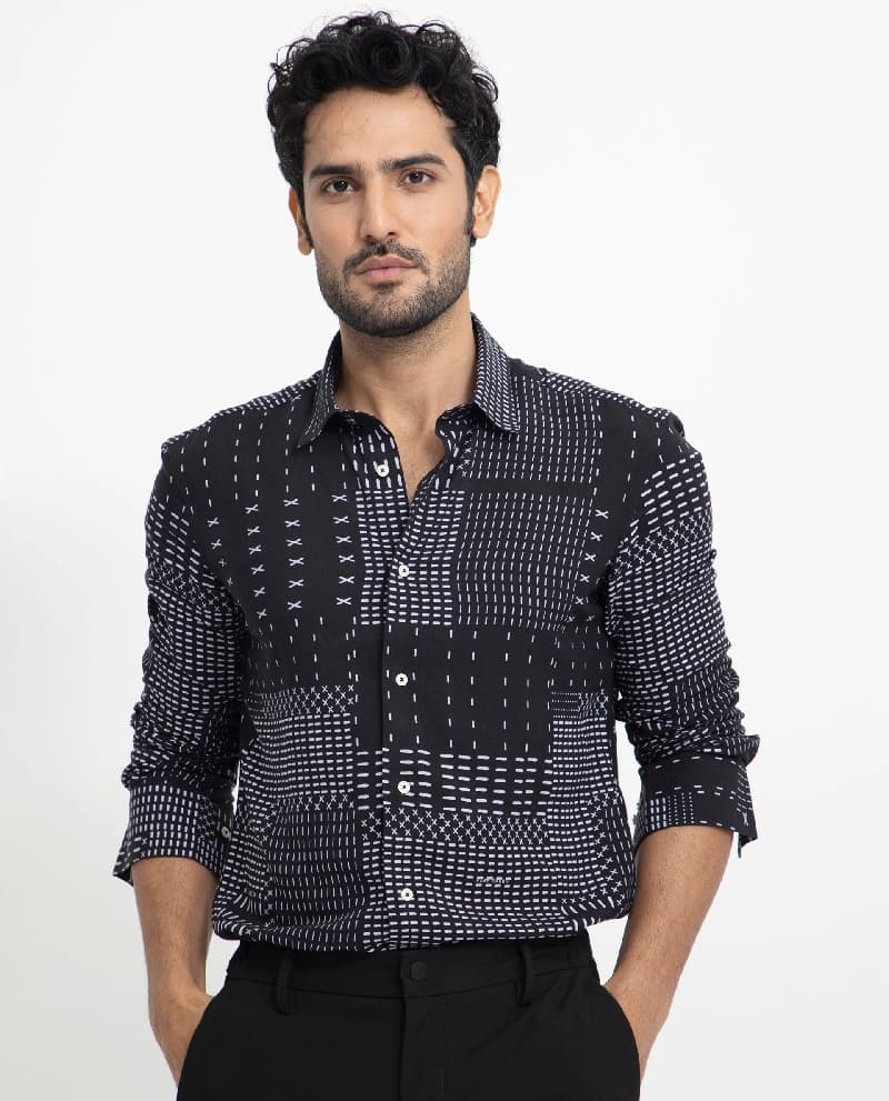 Men's Black Casual Printed Regular Fit Shirt