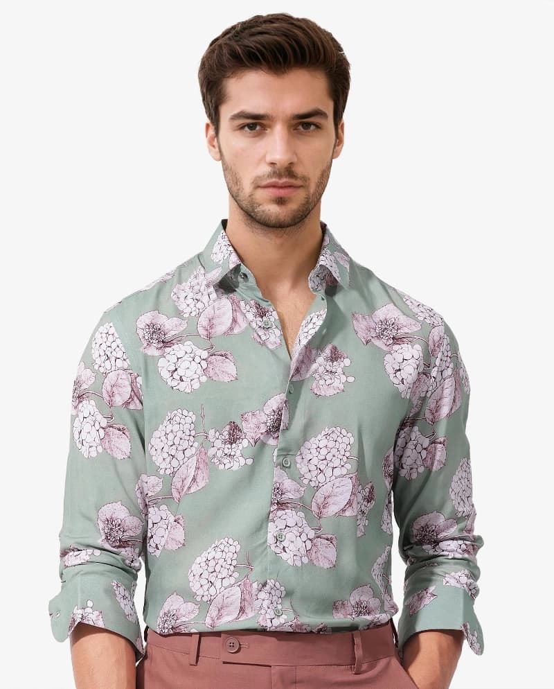 Men's Green Casual Printed Regular Fit Cotton Shirt