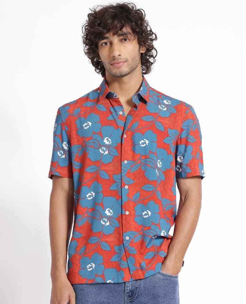 Men's Orange Casual Printed Regular Fit Shirt