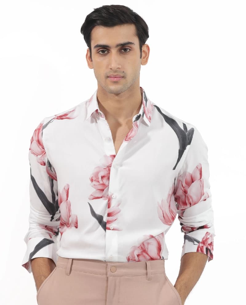 Men's White Casual Printed Regular Fit Shirt