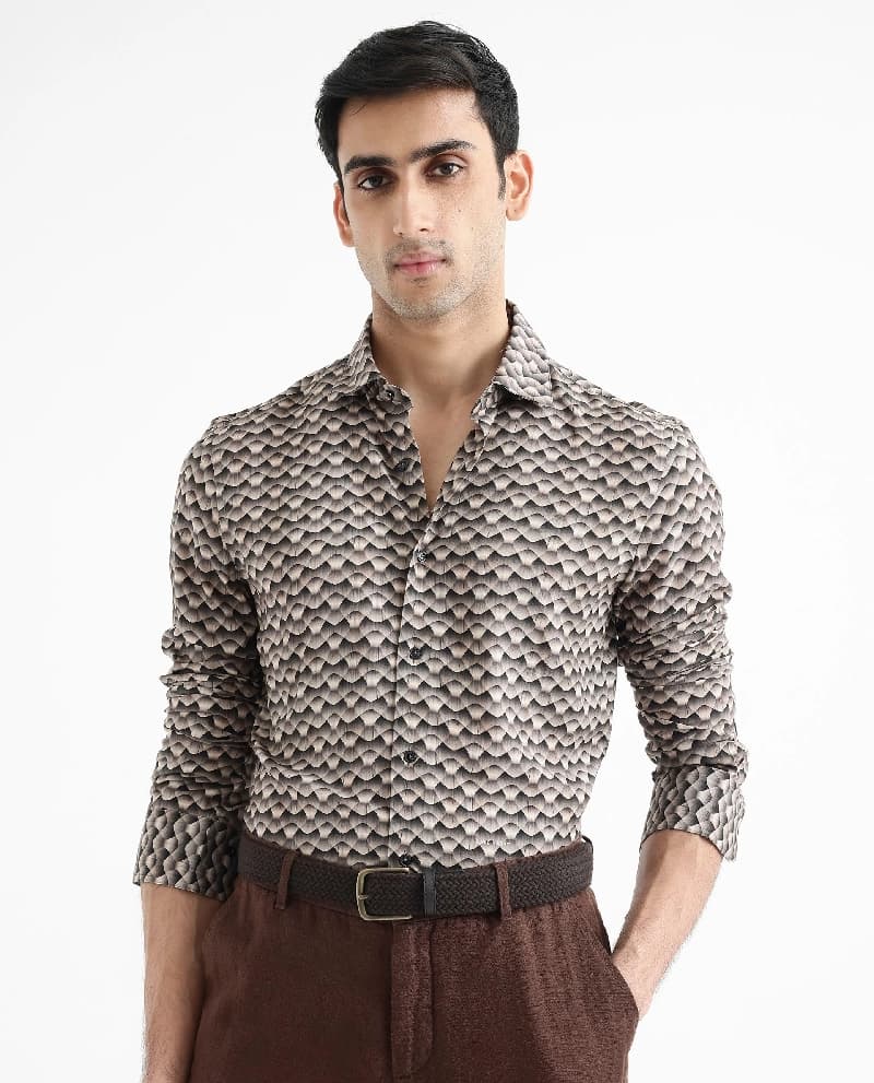 Men's Beige Casual Printed Regular Fit Shirt