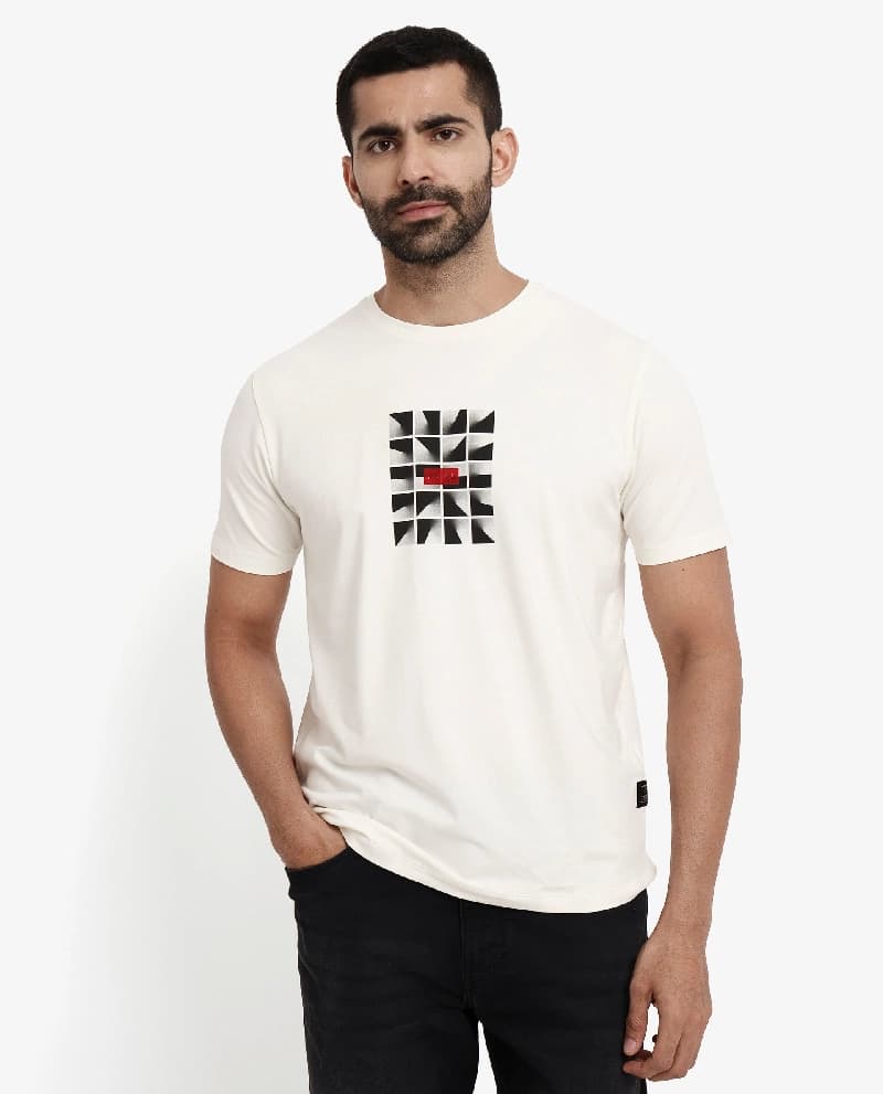 Men's White Casual Printed Regular Fit Tshirt