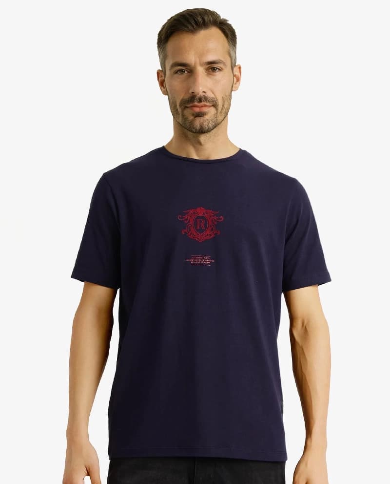 Men's Navy Casual Printed Regular Fit Tshirt