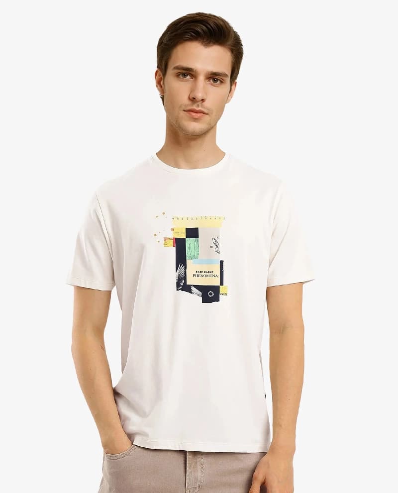 Men's White Casual Printed Regular Fit Tshirt