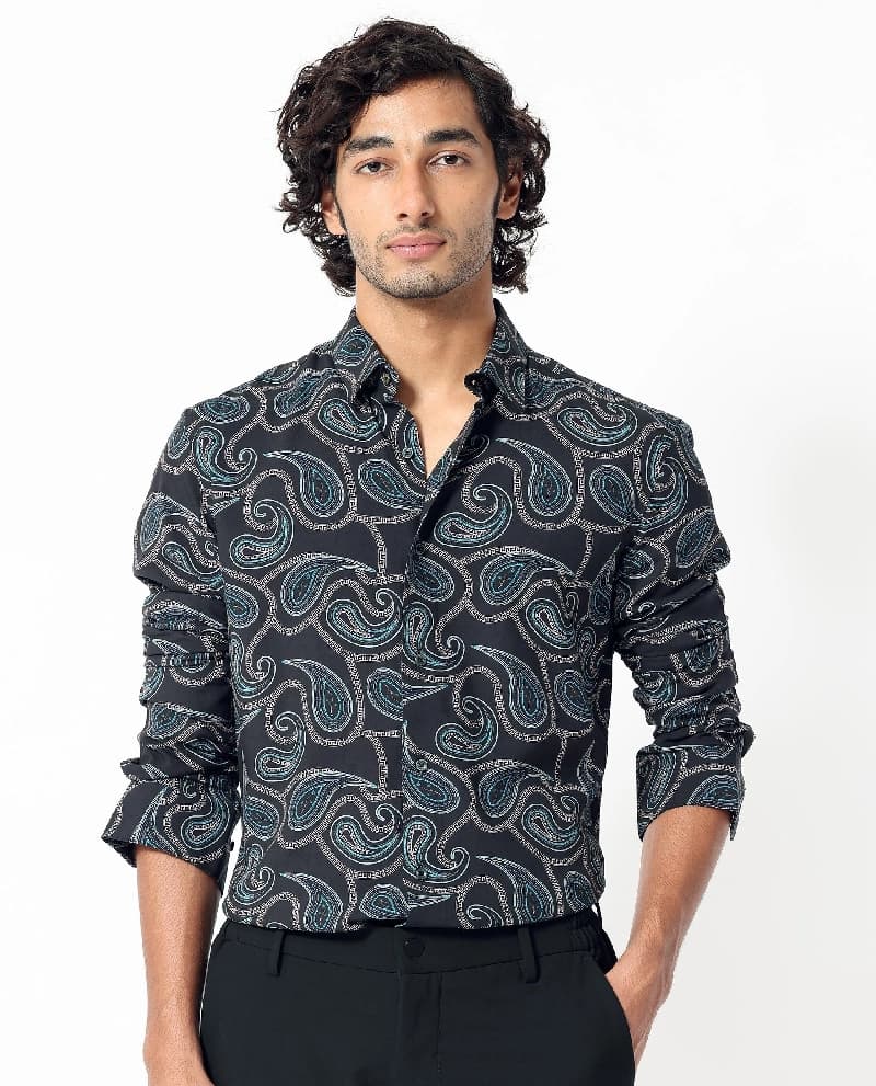 Men's Black Casual Printed Regular Fit Shirt