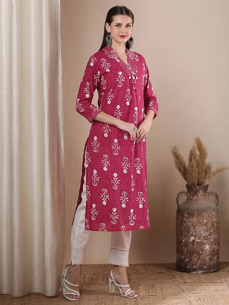 Women's Pink Casual Printed Kurta