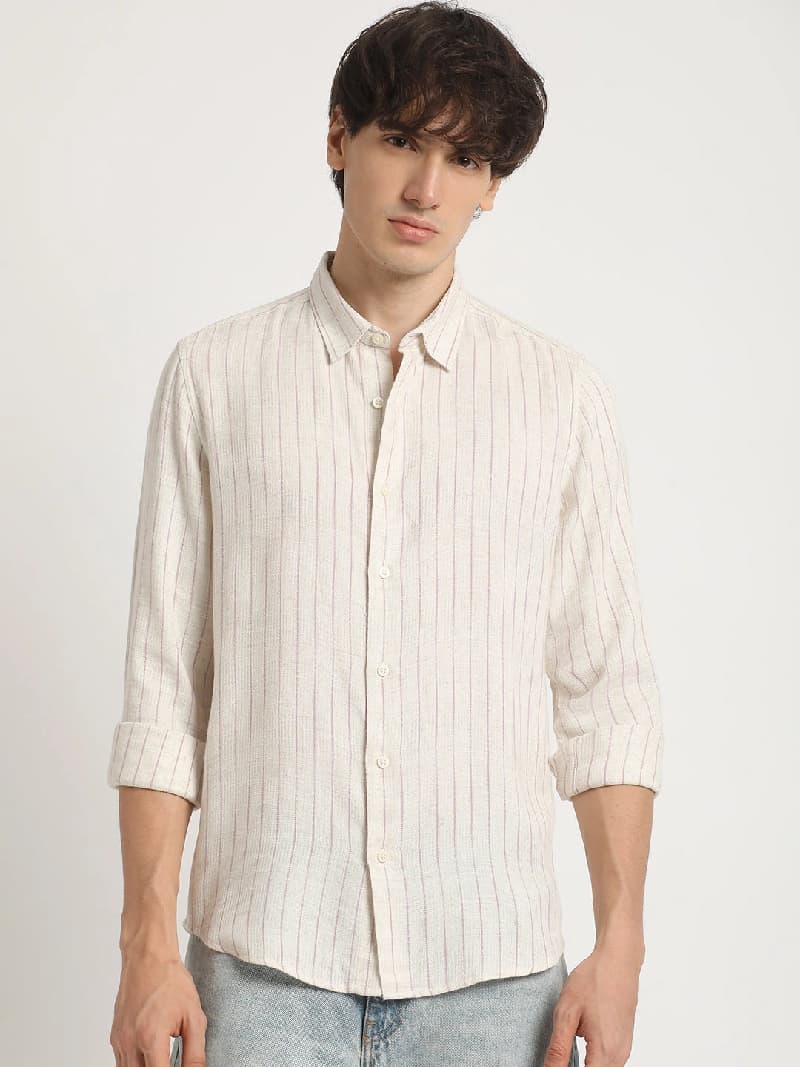 Men's Beige Casual Striped Slim Fit Cotton Shirt