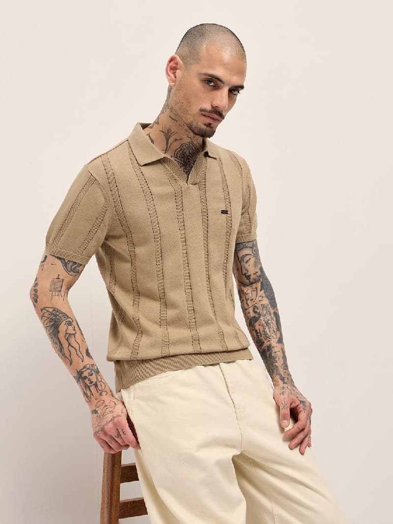 Men's Beige Casual Solid Slim Fit Polo Tshirt