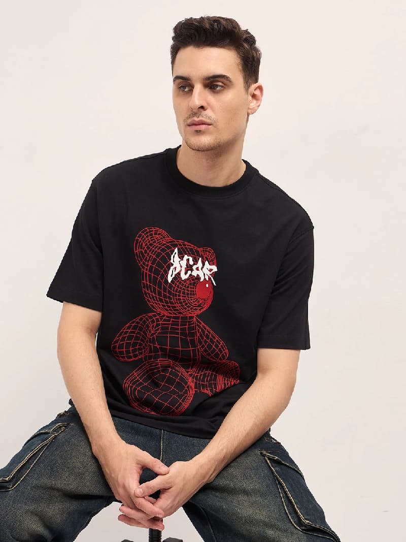 Men's Black Casual Printed Oversized Fit Tshirt