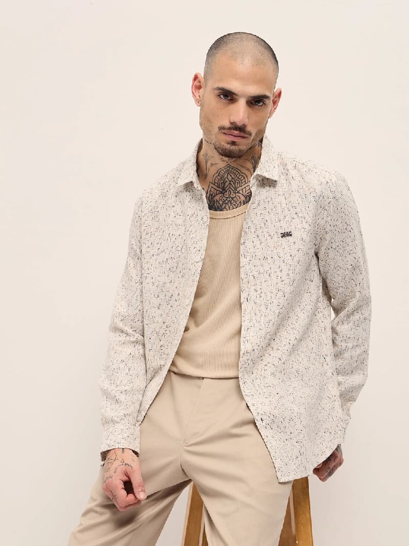Men's Beige Casual Printed Slim Fit Shirt