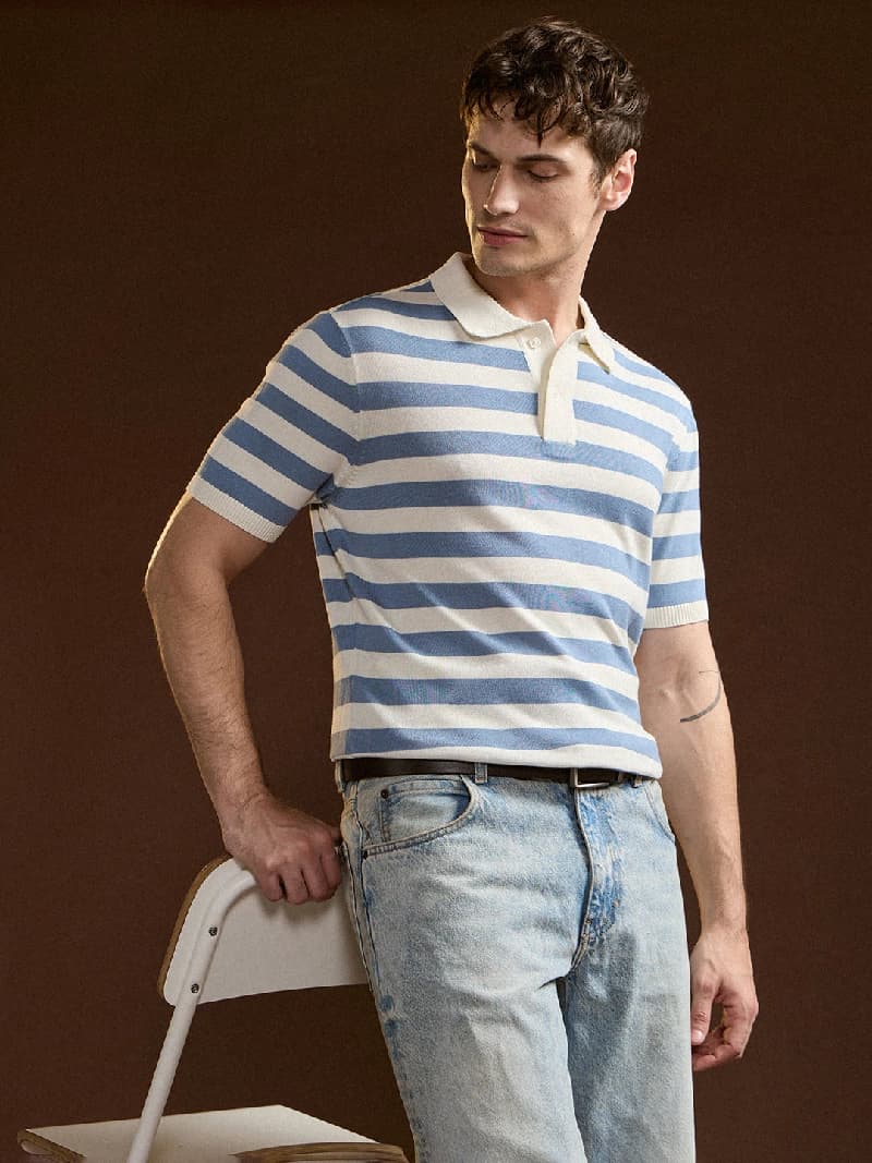 Men's White Casual Striped Slim Fit Polo Tshirt