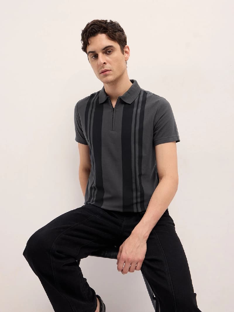 Men's Grey Casual Striped Regular Fit Polo Tshirt