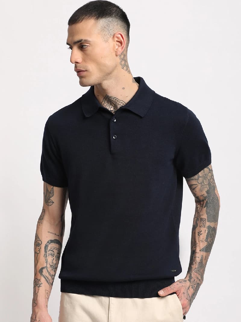 Men's Blue Casual Solid Regular Fit Polo Tshirt
