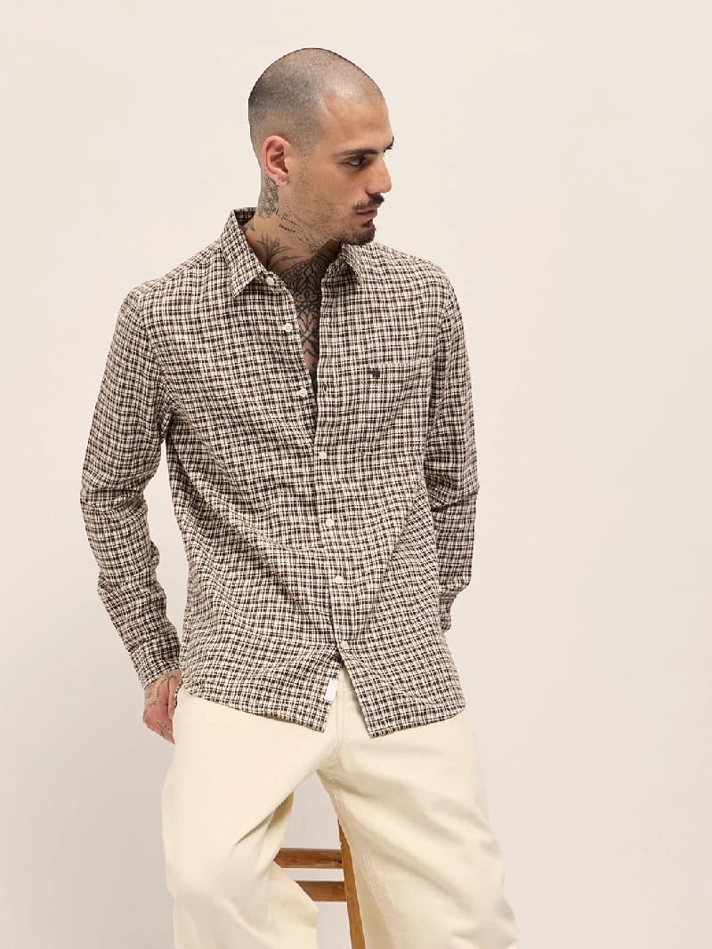 Men's Brown Casual Checked Slim Fit Shirt