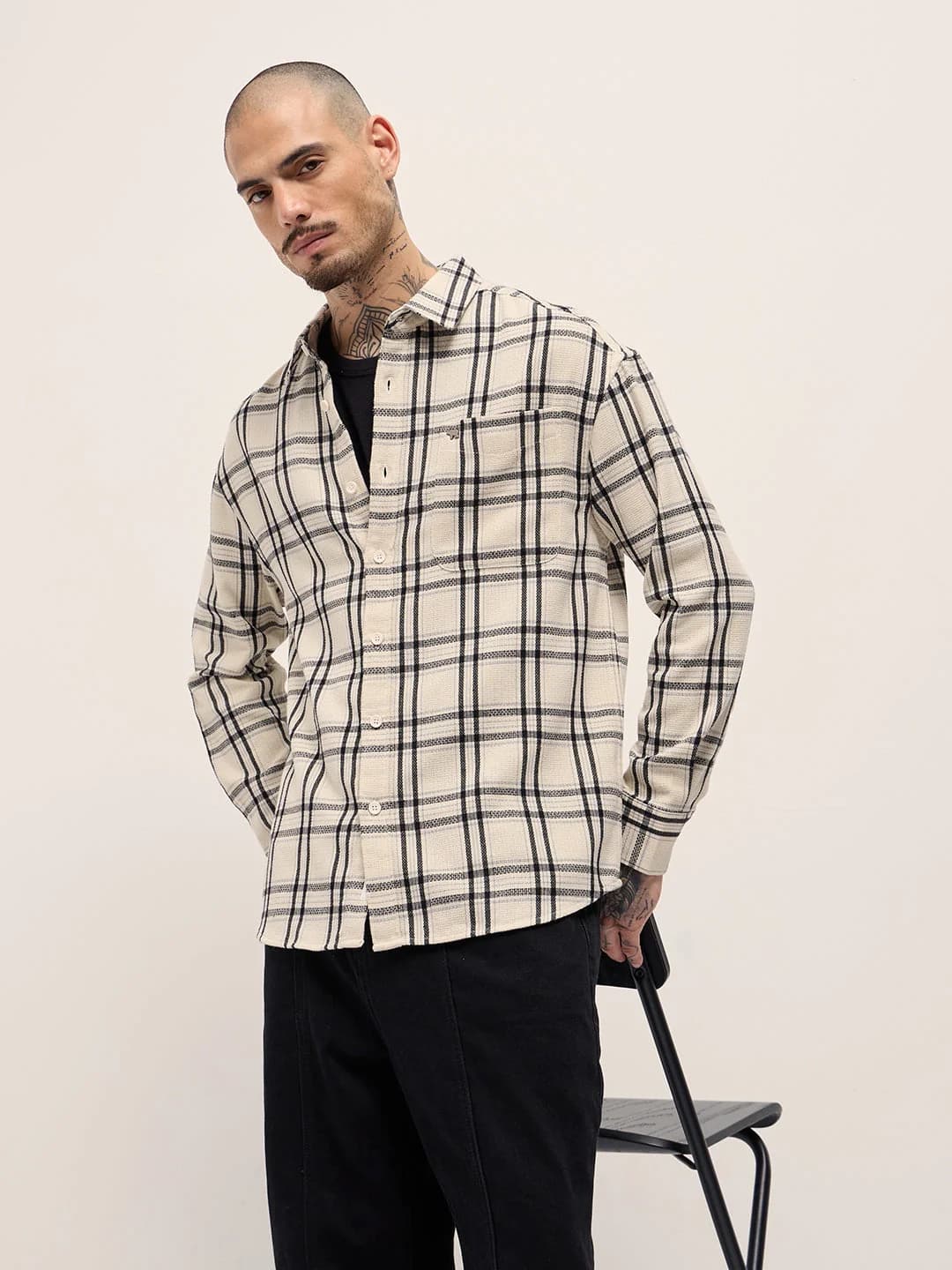 Men's Beige Casual Checked Regular Fit Cotton Shirt