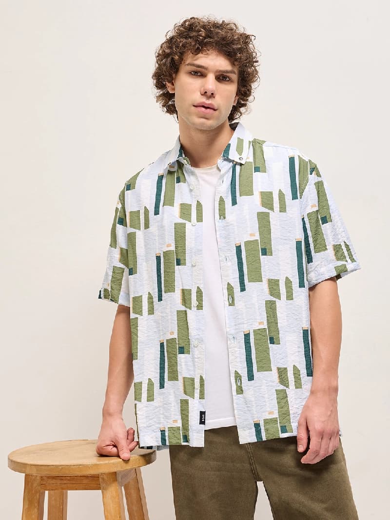 Men's White Casual Printed Regular Fit Shirt