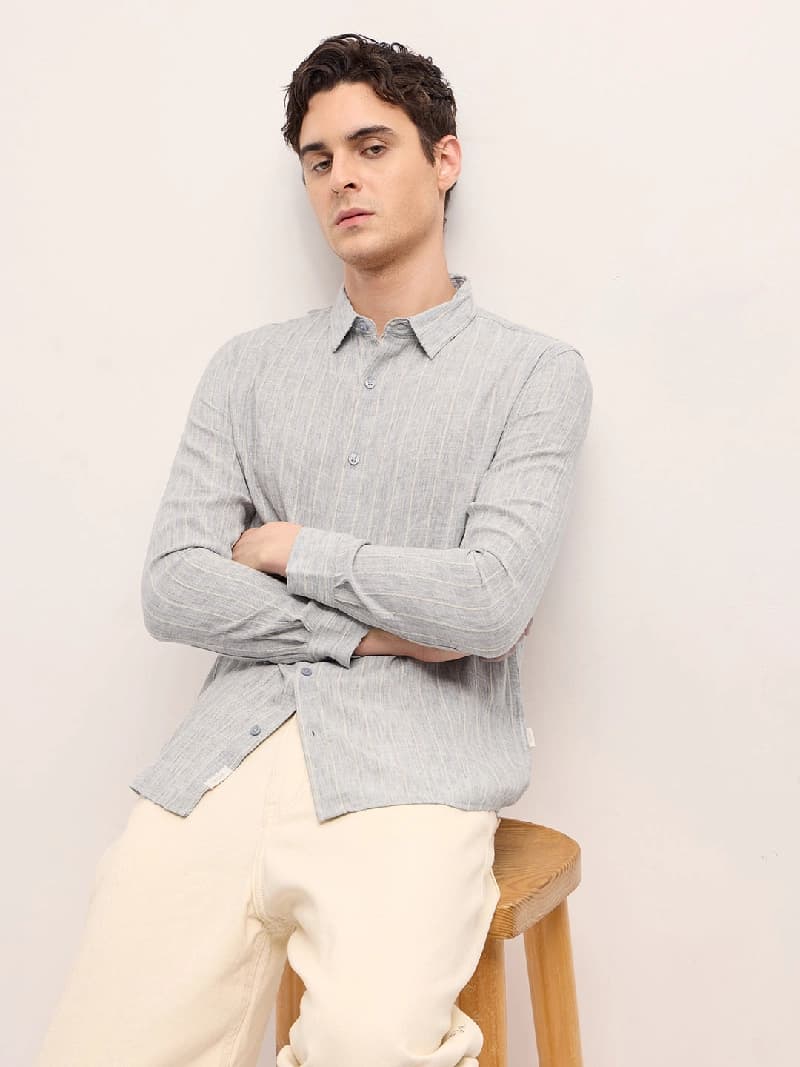 Men's Grey Casual Striped Slim Fit Shirt