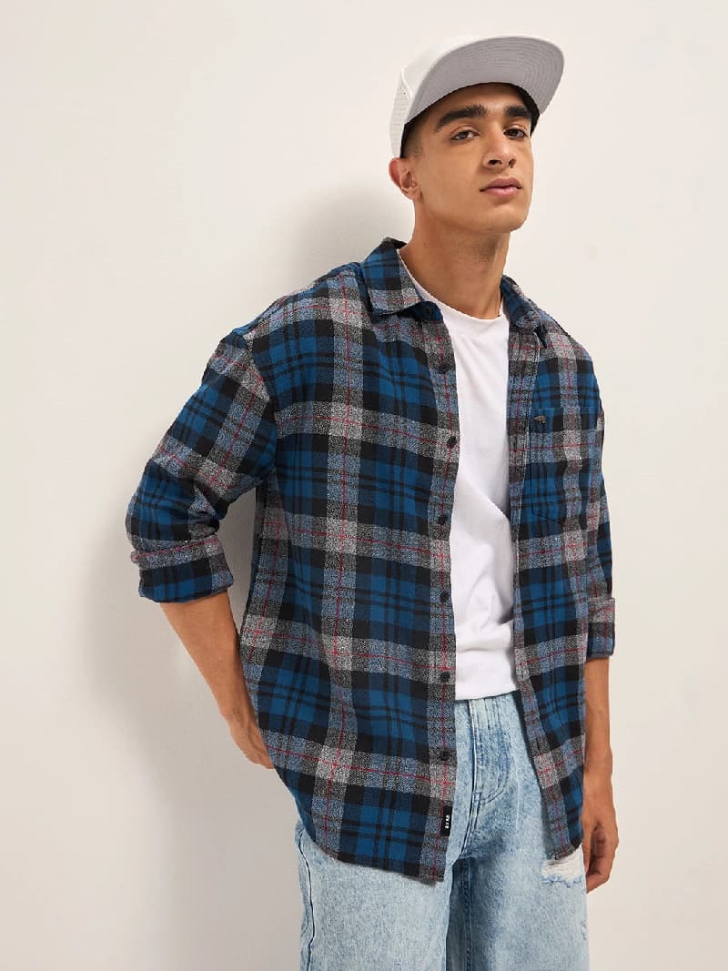 Men's Blue Casual Checked Regular Fit Shirt