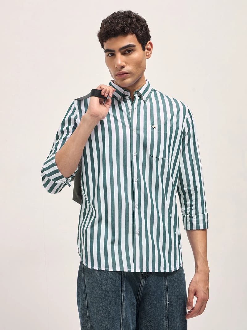 Men's Green Casual Striped Slim Fit Cotton Shirt