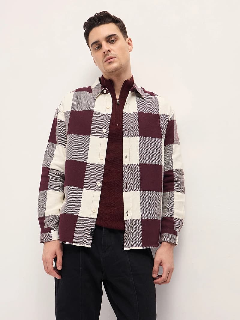 Men's Red Casual Checked Regular Fit Cotton Shirt